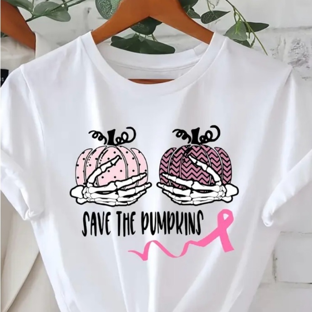 White Graphic T-Shirt with Pink Pumpkin  & SkeletonHands BREAST CANCER AWARENESS